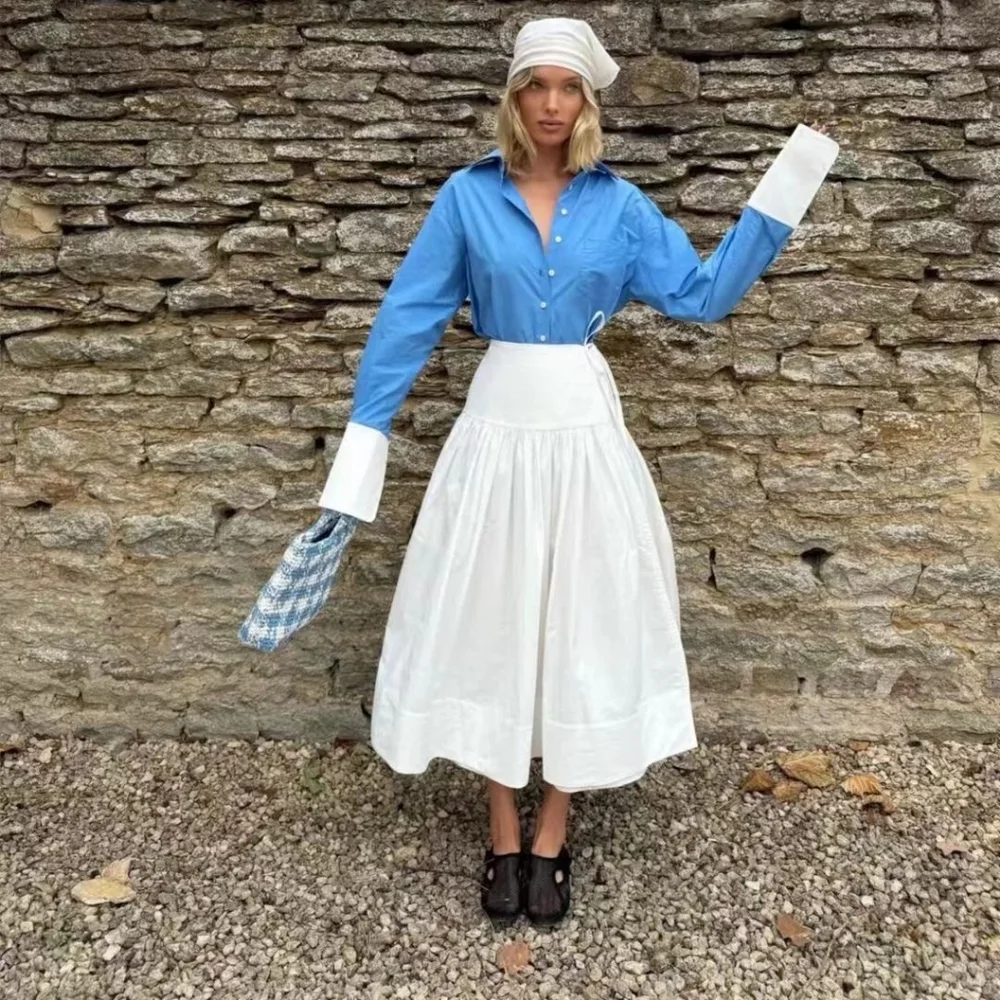 Helsa Midi Wrap Skirt in Tech Poplin in White - Picture 3 of 16